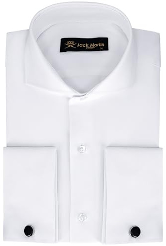 Jack Martin Camicia da Uomo con Polsini francesi e Colletto alla Francese | Gemelli Inclusi | Camicia Elegante di Lusso a Maniche Lunghe con abbottonatura per Uomo (Spina di Pesce, Bianco, M)