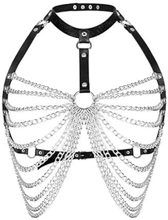 FUIPVGI Leder-Körperkette, Punk Truhe Kette für Frauen und Mädchen, Nachtclub Halsband Körperzubehör Schmuck, Gothic Schwarz Leder Körperkette (PU)