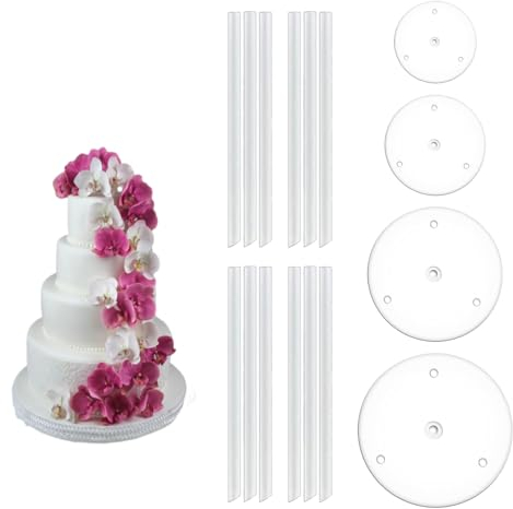 Mikiuly Soporte para Tartas de 4 Pisos,Tableros de Pastel, Base de Pastel, para Tartas Reutilizable,4 Base Soporte Tartas (9/12/16/20cm),12 Pasadores de Plástico Tartas,Para cumpleaños,Fiestas