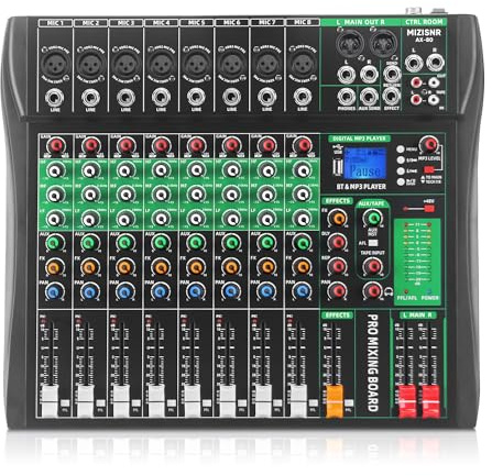 MIZISNR 8 Channel Audio Mixer, Professional DJ Mixer Board Sound Music Mixing Console Digital Mixer with Reverb, Bluetooth, USB Port, 48V Phantom Power for Recording Karaoke Podcasting