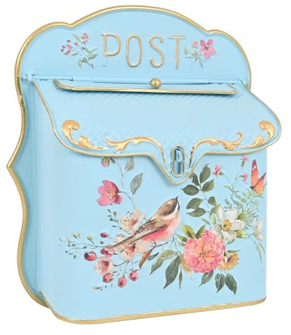 BIG FORTUNE Wall Mount Mailbox for House Outside Vintage Metal Door Mailbox Antique Style Nostalgic Charm Home Decor Garden Vintage English Cottage Decor Flower Patter(Blue)