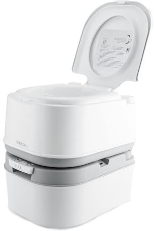 DIYHOM Campingtoilette mit Spülung, 24L+20L Tragbar Mobile Toilette mit Kolbenpumpe, Füllstandsanzeige, Bürste, Reisetoilette Camping WC, Grau