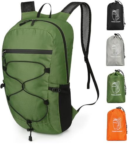 Outplea 15L Faltbarer Rucksack, Kleiner Rucksack Sport Damen, Wanderrucksack Herren Wasserdicht, Tagesrucksack Ultraleicht für Outdoor Freizeit Camping, Grün
