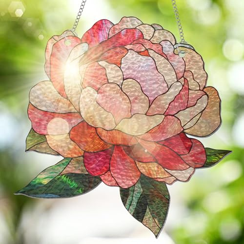 FLAGWIX Peony Flower Decoration - Stained Glass Hanging Suncatcher 8 in - Gifts for Women