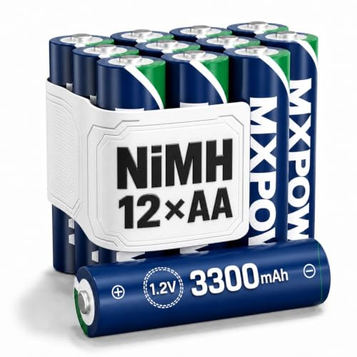 MXPOW 12 x AA Akku wiederaufladbar NiMH, 1,2V 3300mAh, 1200 Zyklen | 1200 Zyklen, Hohe Kapazität, Vorgeladen, Geringe Selbstentladung, Auslaufsicher, Solarleuchten Geeignet