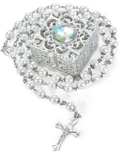 FloralGrace 1 Stück 8mm Rosenkranz Perlen Halskette, Rosenkranz Perlen Katholisch für Männer und Frauen Mit Metall Geschenkbox, Erstkommunion Rosenkranz Halskette