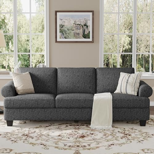COPIAE 231CM Sofa Couch, Leinenstoff Tiefem Sitz Sofa mit Lawson Armlehnen, Modernes 3-Sitzer-Sofa mit gepolsterten Kissen und Rückenlehnen, Bequeme Couch im Mid-Century-Stil für Wohnzimmer Wohnung