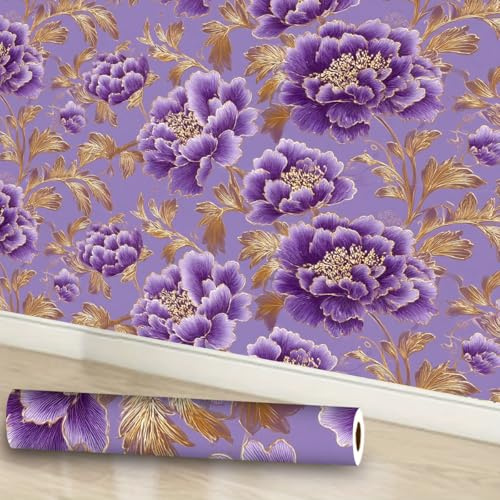 IOHEFY Purple Peony Wallpaper Peel and Stick 17.7 x 118.1 Self Adhesive Embossed Vinyl Contact Paper Removable Floral Wall Covering for Bedroom Vanity Baroque Decor