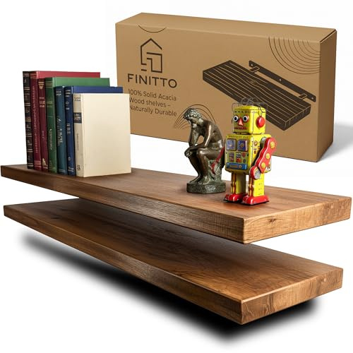 FINITTO 'Filo' | Estanteria Flotante de Madera de Acacia Maciza (Set de 2) | Balda de Pared Premium para Salón o Dormitorio | Estantes Decorativos con Montaje Oculto