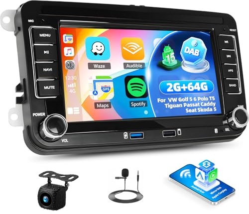 DAB+ 2+64G Android 15 Autoradio für VW Golf 5 6 Polo T5 Tiguan Passat Caddy Seat Skoda CarPlay Android Auto 7'' Autoradio mit Bildschirm Bluetooth Mirror Link GPS FM RDS WiFi SWC EQ + Rückfahrkamera