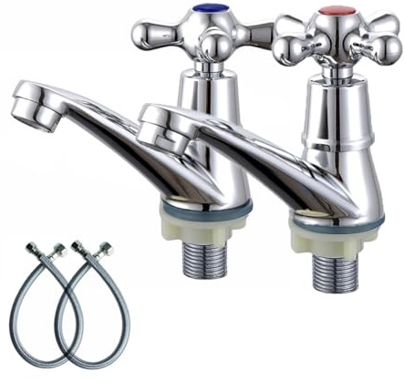Lot de 2 robinets traditionnels pour lavabo de salle de bain, robinet d'eau chaude et froide, chrome poli