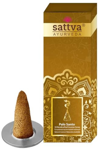 Sattva Ayurveda Lot de cônes d'encens Palo Santo de qualité supérieure - Cônes d'encens naturels avec parfum chaud de bois de Palo Santo pour la relaxation - Avec support - Environ 10 cônes de 20 g
