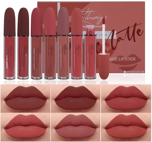 Katiluxiya 6Pcs Liquid Matte Lipstick Set, Long-Lasting Wear Non-Stick Cup Not Fade Waterproof Lip Gloss, Matte Nude Liquid Lipstick Makeup Gift Kit for Women & Girls, 24 Hour＆Nude Lipstick. (01)