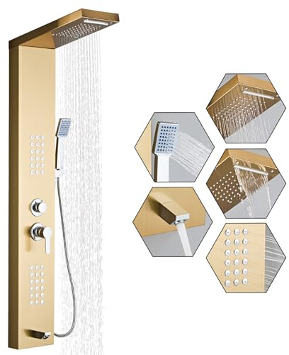 HSYLYPA Shower Panel Tower System 5-in-1 Shower Panel Tower with Powerful Body Massage, Rainfall, Waterfall,Handheld and Tub Spout, Stainless Steel Shower Column - Brushed Gold
