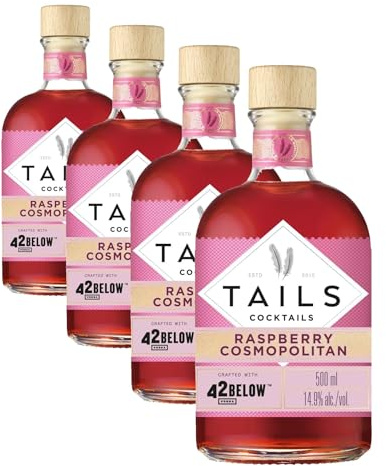 Tails Cocktails Raspberry Cosmopolitan, cocktail prêt à boire, préparé avec de la vodka 42BELOW, pour réaliser 4 cocktails de qualité professionnelle en quelques secondes, 14,9% vol., 50 cl/500 ml