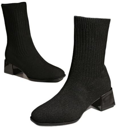 Botines de punto elástico para mujer, zapatos casuales de invierno con puntera de bloque y tacón de bloque, Black, 34 EU