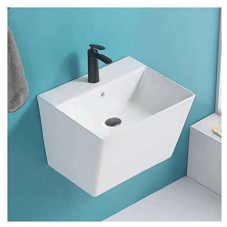 Vasque a Poser Lavabo de salle bains blanc à montage mural en céramique, lavabo artistique for, meuble vanité avec robinet et Drain noirs Lavabo