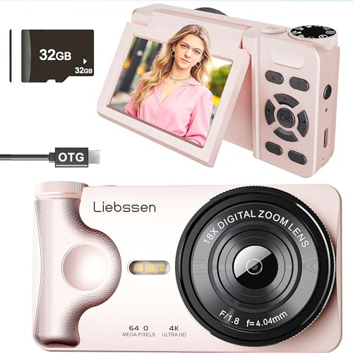 Fotocamera Digitale 4K 64MP Autofocus Ribaltabile 3,0 180° Ricaricabile Portatile per Foto&Vlog, Time Lapse, Slow Motion&20 Filtri 2000mAh 32GB, per Creator Social, Bambini e Principianti (Rosa)