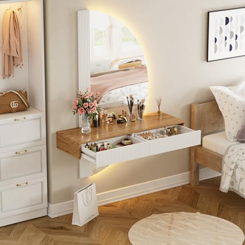 MSFE Toeletta Sospesa con Illuminazione LED e Specchio Semi-Circolare, Tavolo da Trucco con 2 Cassetti, Mobile da Toeletta, Altezza Regolabile, Salvaspazio, 120 x 40 x 160cm