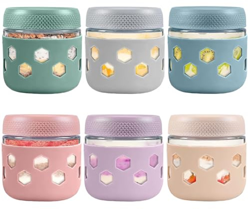 Overnight Oats Jar set 6, Glass Containers with Lids 350 ml, Mason Jars with Lids Silicone Sleeve, Overnight Oats Container Breakfast Pots with Screw Lid Leakproof, for Yogurt Pot Cereals Milk Fruit