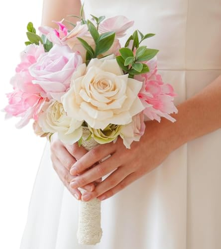 Laelfe Künstlicher Brautstrauß, Rosa & Champagner | Rosen & Pfingstrosen, Romantischer Hochzeitsstrauß, Für Braut & Brautjungfern, Hochzeitsdekoration