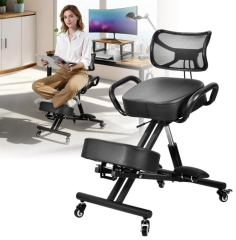 Ergonomischer Kniestuhl Mit Rückenstütze Höhenverstellbarer Kniehocker | Ergonomischer Kniehocker Mit Stahlgestell Belastbarkeit 90 Kg, Komfortpolster, Für Homeoffice, Büro, Meditation Und Gesundes