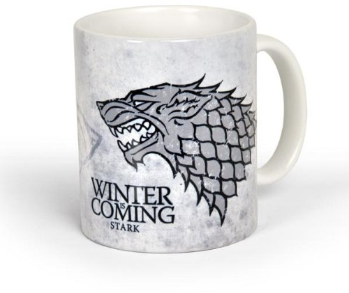 Elbenwald Game of Thrones Tasse Haus Stark Rundumdruck mit Leitspruch und Schattenwolf Kramik 300 ml weiß