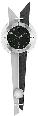 AMS. Pendelwanduhr 5253, Silber-Schwarz, Holzgehäuse mit Schieferoptik und Aluminium Applikation, Mineralglas