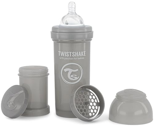 Twistshake Biberón Anticólicos con Depósito para Leche y Mezclador, 260ml | Tetina de Silicona Flujo Medio Estilo Pecho | Libre de BPA | Apto para Bebés desde 2 Meses | Gris