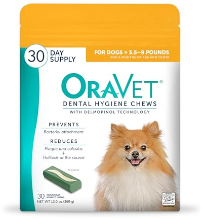 OraVet Dental Chews for Dogs, Oral Care and Hygiene Chews (Extra Small Dogs, 3.5-9 lbs.) Yellow Pouch, 30 Count