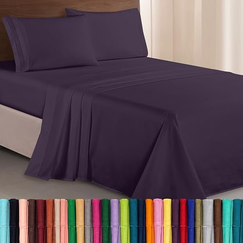 Elegant Comfort Luxurious 1500 Premium Hotel Quality Microfiber Three Line Embroidered Softest 4-Piece Bed Sheet Set, Wrinkle and Fade Resistant, King, Eggplant-Purple