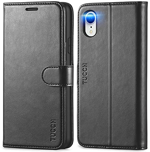 TUCCH Funda para iPhone XR, Funda Protectora de Cuero PU con Bloqueo RFID, Cáscara de TPU, Cierre Magnético, Soporte Plegable,Ranura para Tarjeta, Funda Tapa Libro para iPhone XR (6.1 pulgadas), Negro