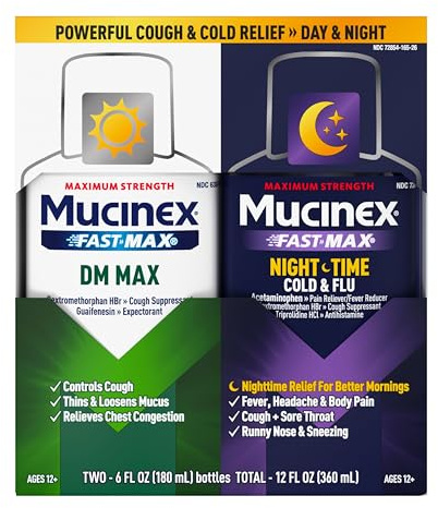 Maximum Strength Mucinex FastMax DM Max & Mucinex Nightshift Cold & Flu Liquid (2 x 6 fl. oz.) Thins & Loosens Mucus, Relieves Cough & Chest Congestion, Pain, Fever, Sneezing, Sore Throat, Runny Nose