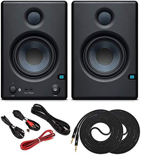 PreSonus Pair ERIS E4.5 BT 4.5 Active Bluetooth Media Reference Monitors with Stereo Cable Kit and 2x TS/TS Instrument Cables - Wireless Streaming Sound from a Smartphone, Tablet, Laptop