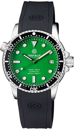Deep Blue Diver M1KBLKGRNMAT Taucheruhr mit Helium-Ablassventil, wasserfest, Saphirglas, robust, 300 m, Grünes Zifferblatt, schwarze Lünette, Diamater XL 44mm, Armband