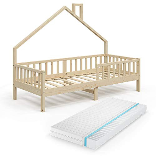 VitaliSpa Hausbett Noemi, Naturholz, 90x200 cm mit Matratze, geeignet als Schlaf- und Spielfläche für Kinderzimmer