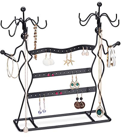 Relaxdays Schmuckständer, Schmuckhalter für Ketten & Ohrringe, drehbar, HBT: 33x35x13 cm, Schmuck Aufbewahrung, schwarz