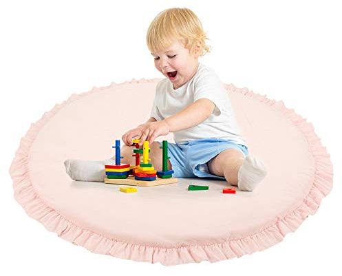 Krabbeldecke für Baby, Rund Weich Gepolstert Spieldecke aus Baumwolle, 2cm Dick Baby Spielmatte, 100 x 100 cm (pink)