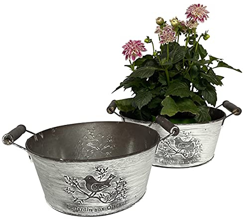 OF 2 Blumentöpfe mit Vogel Dekor im Set - Schalen aus Zink im Vintage Look - Garten Blumentopf Kräutertopf P39