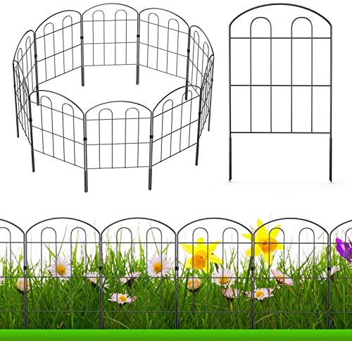 Decorative Garden Fence Outdoor 24in x 10ft Coated Metal RustProof Landscape Wrought Iron Wire Border Folding Patio Fences Flower Bed Fencing Animal Barrier Section Panels Decor Picket Edging, 10 Pcs