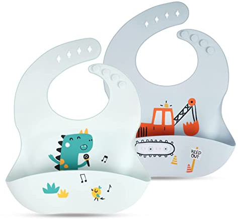Vicloon Silikon Baby Lätzchen, 2 Stück Baby Lätzchen mit Auffangschale, BPA Frei, Einfache Reinigung, Wasserdicht Silikon-lätzchen für Jungen Mädchen, Dinosaurier-Baufahrzeug（Grau）