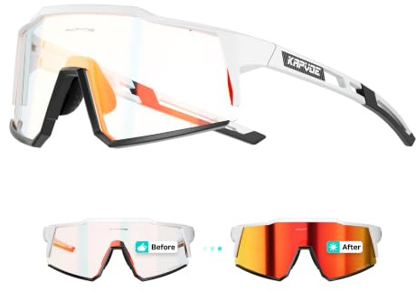 KAPVOE Selbsttönende Fahrradbrille UV400 TR90 Herren Damen K9022 | Klar zu Schwarz photochromatisch CAT.0-CAT.2, UV400 Wraparound, leichter TR90 Rahmen