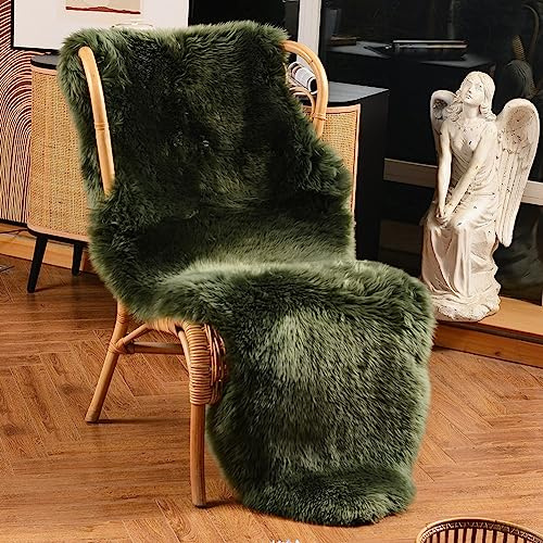 LLB Tappeto in vera pelle di pecora naturale, lussuoso, soffice, per soggiorno, per camera dei bambini, divano, sedia, tappeto (verde scuro, 0,6 x 1,8 m)