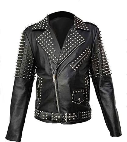 Herren Brando Spikes Metal Nieten Rock Punk Motorrad Schwarz Biker Lederjacke, Schwarz - Echtleder, 3XL