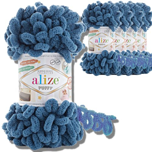 Alize 5x 100g Puffy türkische Wolle Super Bulky Chenillegarn Kuschelweich Babywolle Handstrickgarn zum häkeln weiches Chenille-Garn XXL-Knäuel für Amigurumi (Indigo | 637)