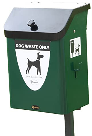 Glasdon Fido 35L Dog Waste Bin Dog Poo Bin Pet Waste (Green, Post-Mounting) | Metal bin with graphics, Self-returning lid, 35 litre capacity, Sack retention, Durable, Weather-resistant, Dog lead hook
