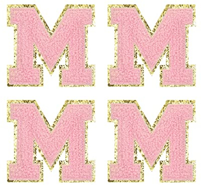 sourcing map 4 Stück Buchstaben zum Aufbügeln, Selbstklebende Chenille Buchstaben M mit Gold Rand, Gestickter Patch zum Aufbügeln für Kleidung, Tasche, Stoffe, Handyhülle(Rosa)