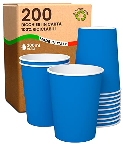 200 Gobelet Cafe Papier Bleu 200ml Écologiques et Jetables par Emporter, Résistant à la Chaleur, Carton de Qualité, Boissons Froides, Boissons Chaudes