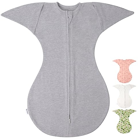 Knirose Pucksack Baby Übergangsschlafsack mit Anti-Erschrecken Funktion, Arme hoch Position, Baby Schlafsack mit Doppelreißverschluss für einfaches Windelwechseln (Grau, 3-6 Monate)