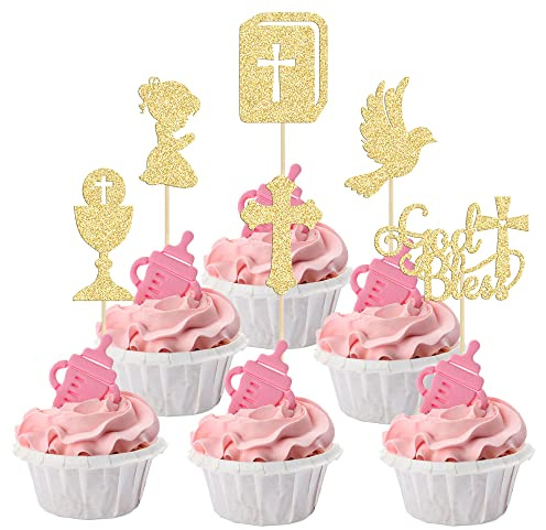 Gyufise Cupcake-Topper für Mädchen, Gott segnen und Taufe, Glitzer, Taube, Kelch, Bibel, Kreuz, Cupcake-Picks, Erstkommunion, christliches Taufthema, Babyparty, Mädchen, Geburtstagsparty,